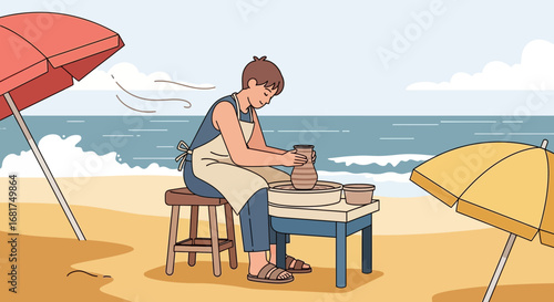 Coastal Creativity: Pottery Making on the Beach Under Shady Umbrellas