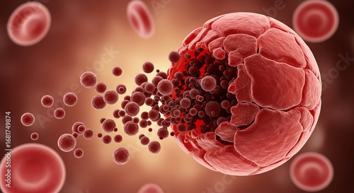 Scientific visualization of cellular disintegration, showing a diseased cell breaking apart among red blood cells in the circulatory system