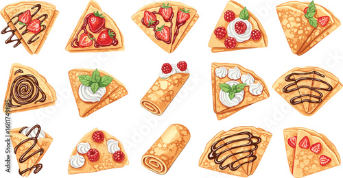 Cartoon crepes, sweet pancakes, delicious dessert, chocolate drizzle, fruit toppings, whipped cream, golden brown, tasty treats, breakfast food, vector illustration