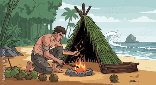 Illustration of a Survivor Lighting a Fire on a Tropical Island Beach