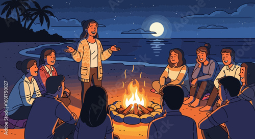 Evening Beach Gathering: Friends Sharing Stories Around a Crackling Campfire