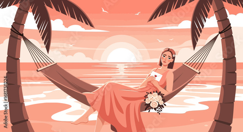 A serene beach scene with a woman in a hammock holding a love letter at sunset