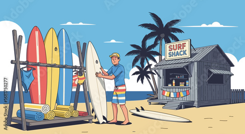 Surfing paradise scene with surf shack, boards, and laid-back lifestyle illustration