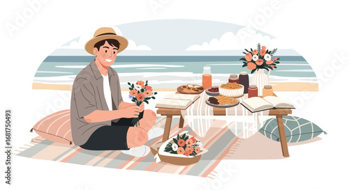 Serene beach picnic illustration with a happy man arranging flowers