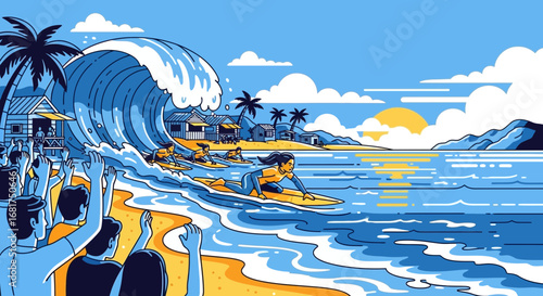 Vibrant scene showcasing a lively surfing competition with cheering spectators