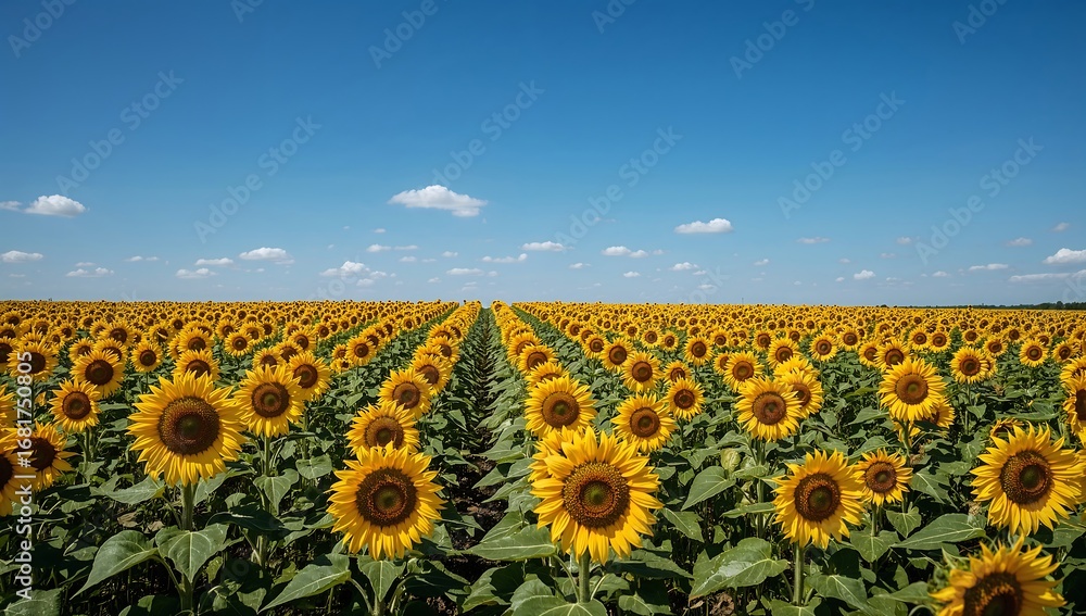 Fototapeta premium Vibrant sunflowers stretch across a field under a clear blue sky