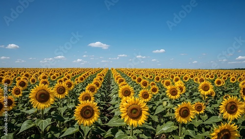 Vibrant sunflowers stretch across a field under a clear blue sky