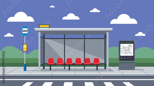 Modern bus stop, roadside shelter, red seats, transit map, blue sky, pedestrian crosswalk, public transport, waiting area, urban design, travel infrastructure