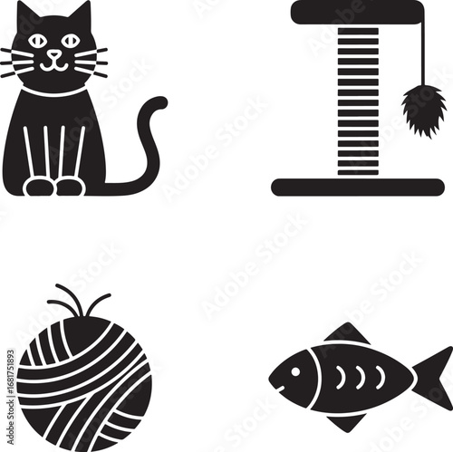 Cat Icons Set with Toy Fish Yarn Ball and Scratching Post in Silhouette