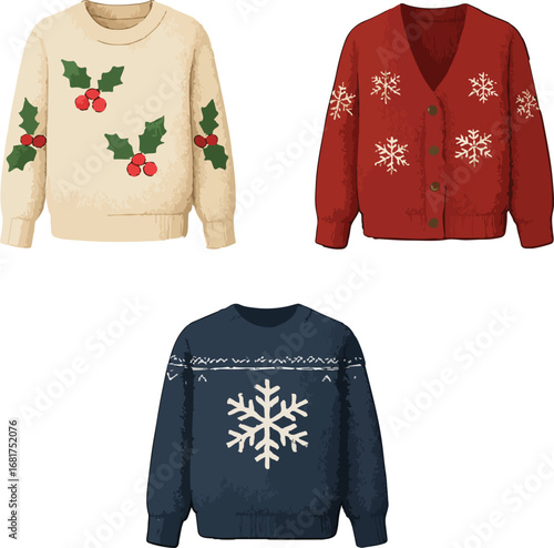Collection of festive holiday sweaters featuring classic Christmas designs for seasonal fashion and winter celebrations vector illustration