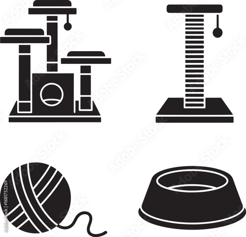 Cat Supplies Silhouette Featuring Cat Tree Toys Ball of Yarn and Food Bowl Set