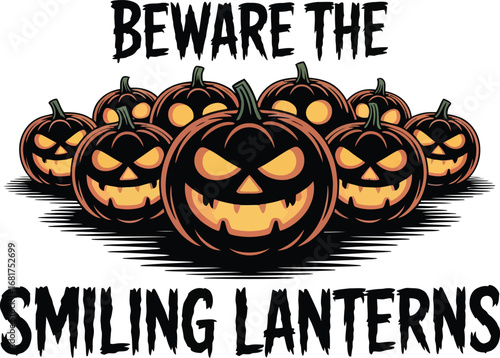 Vector art of beware the smiling lanterns a spooky halloween gathering of jackolanterns with scary faces, perfect for festive decorations and seasonal themes
