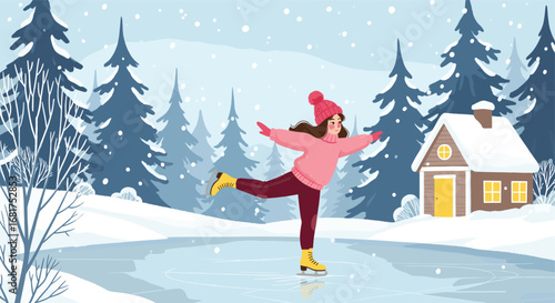 Winter girl ice skating, frozen pond, snow-covered trees, cozy cabin, falling snow, serene forest, joyful activity, seasonal landscape, peaceful nature