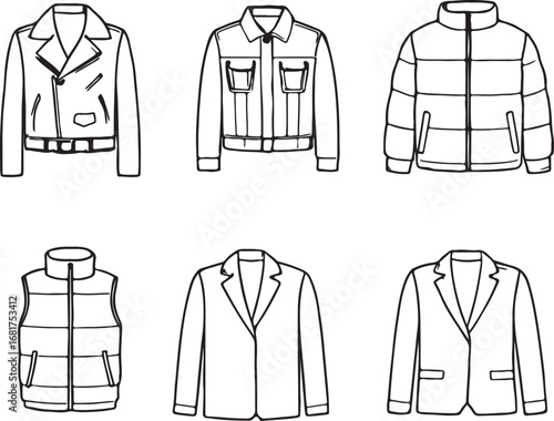 Vector Line Art Illustration of Different Mens Jackets and Coats for Fashion Design and Apparel Industry Style Guide Fashionable Outfit