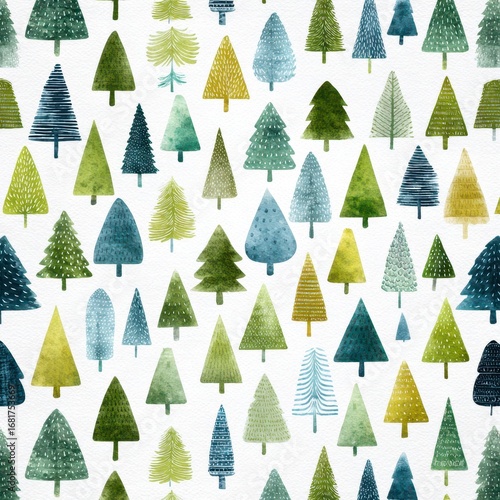 Colorful array of abstract trees featuring various shades of green and blue in a whimsical design on a light background