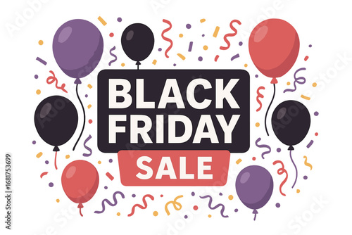 Design a Black Friday sale banner featuring a wine‑colored background with floating black balloons and silver confetti for a shopping‑days promotion vector illustration