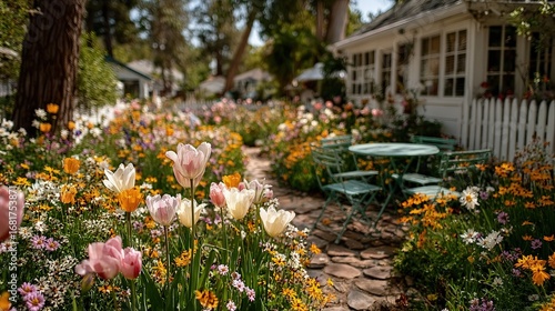 Colorful flowerbeds line a pathway past charming white cottages, with a teal-colored bistro set