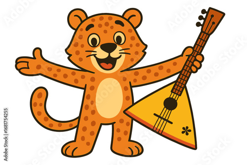 A cartoon jaguar cub with a balalaika is isolated on a white background in a colorful vector image