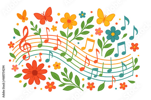 A vibrant music design featuring colorful notes and symbols for artistic festivals, concerts, and parties