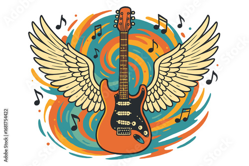 A watercolor-inspired design featuring a guitar and wings, ideal for a rock and roll t-shirt, symbolizing music and the electric guitar