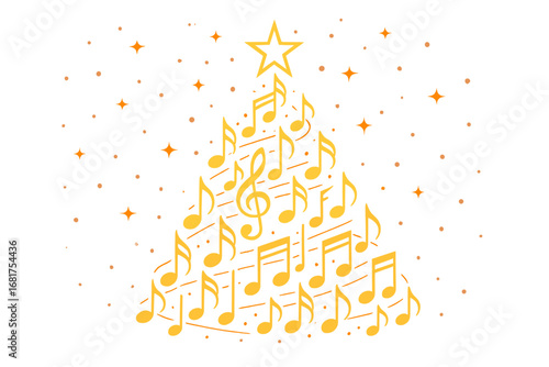 A festive greeting card features a stylized Christmas tree surrounded by a flowing musical pentagram