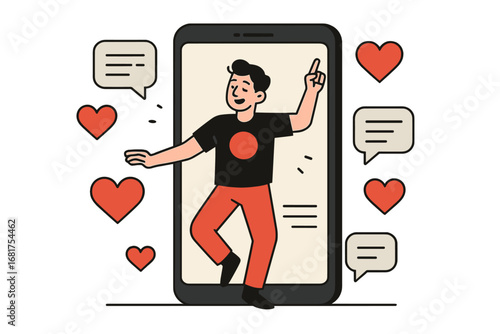 A young boy performs a lively dance on a smartphone screen in a flat, cartoon illustration style