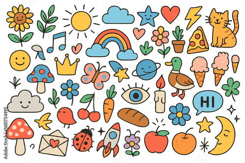 This vector set features hand-drawn musical icons with a music theme