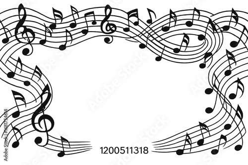 Jazz music studio background features a flying vector design with treble clef, flat and sharp symbols, and notation melody record clip art in black on white