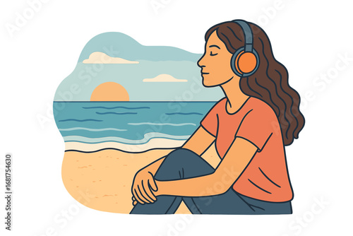 A serene woman immerses herself in her music, radiating a sense of calm and contentment