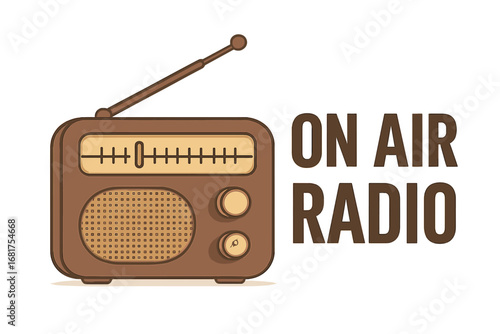Retro-style vector banner for radio station featuring a microphone, inscription, and space for text in a nostalgic FM broadcasting design