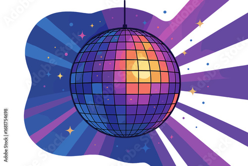 Vibrant disco ball shines brightly amidst a night club scene of dancing and music, set against a retro 80s background