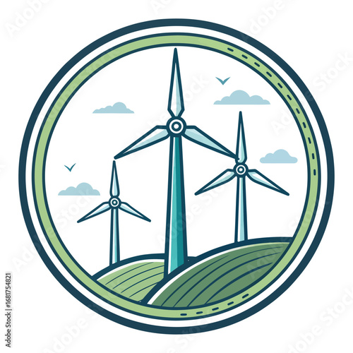 Sustainable energy wind turbines landscape circular emblem graphic design vector