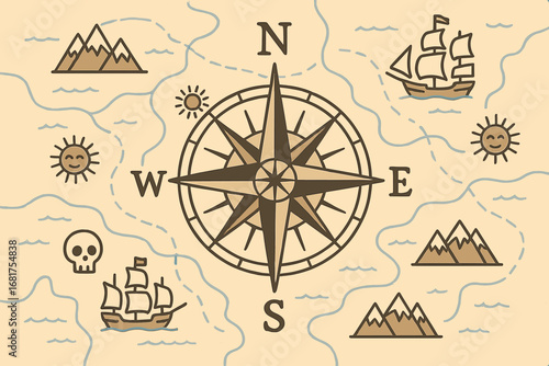 A seamless vector background depicting travel, adventure, and discovery, featuring an old hand‑drawn map with vintage sailing yachts, a wind rose, routes, nautical symbols, and handwritten