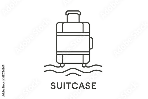 A single-line illustration of a wheeled suitcase, a travel bag rendered as a linear icon