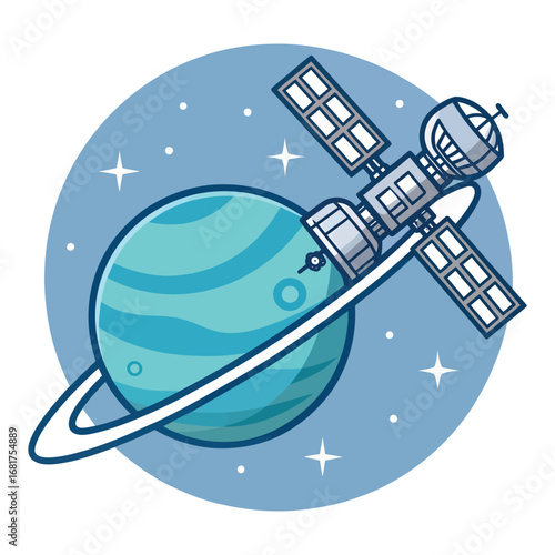 Detailed space satellite orbiting ringed planet with stars and nebula background vector
