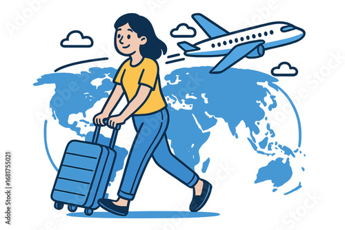A 3D‑rendered businesswoman or entrepreneur with a suitcase rushes to catch a departing plane, illustrating the concept of work‑related travel or tourism in a vibrant, colorful vector banner