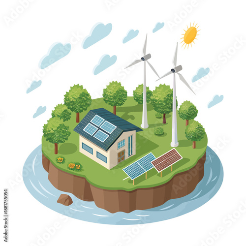 Sustainable energy home with wind turbines and solar panels on an island vector