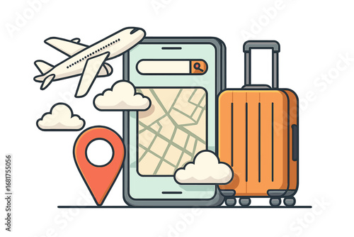 A realistic 3D phone featuring an airplane, suitcase, clouds, and a pointer, rendered as a vector illustration