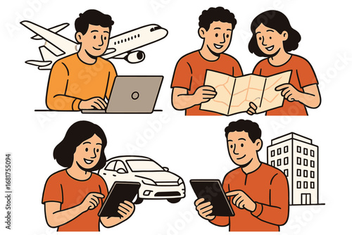 A travel and tourism technology concept depicting flat vector illustrations on a white background, where tourists use online services and apps to book tickets and find routes for holiday trips