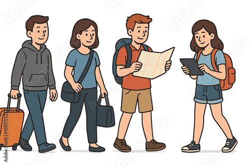 A portrait collection showing a group of young tourists with backpacks and maps embarking on a vacation trip, illustrating a travel and tourism concept