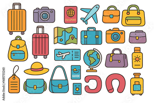 A hand‑drawn flat‑style vector illustration depicting travel, adventure tourism, overseas trips, and summer holidays—perfect for sticker kits, scrapbooking, posters, and tags