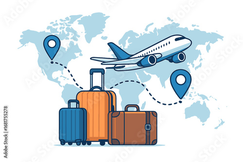 A vector illustration representing the abstract idea of migration, showing people moving—refugees with bags and children, individuals seeking work, study, or asylum