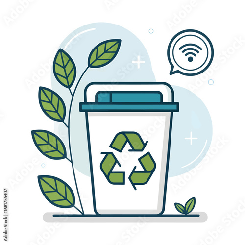 Smart recycling bin with green leaves and wi-fi symbol for eco-friendly technology vector