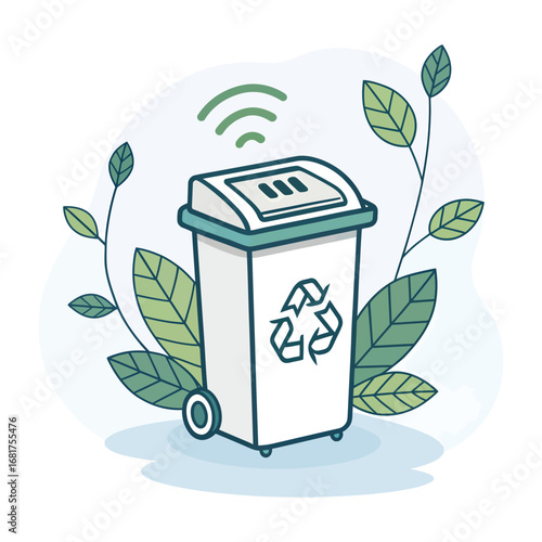 Smart recycling bin with solar panel and wireless signal surrounded by green leaves ecosystem vector