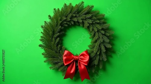Festive green Christmas wreath adorned with a bright red bow, ready for holiday decoration