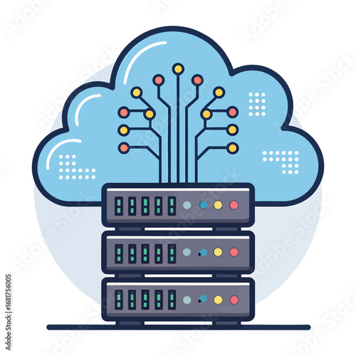 Cloud computing data center servers with integrated circuitry and futuristic digital cloud