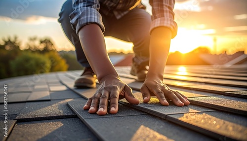Close-up view of a person carefully placing roof shingles at sunset, showcasing meticulous craftsmanship and a warm, golden light.