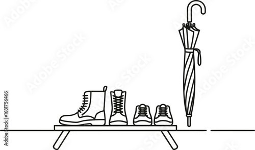 Shoes boots and umbrella on rack minimal vector illustration