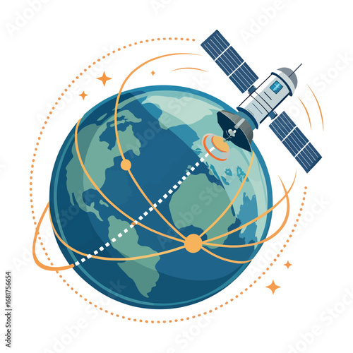 Satellite orbiting earth connecting global networks for digital communication and data transfer vector