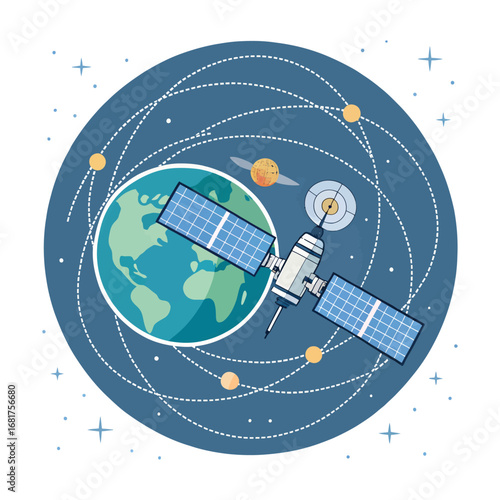 Satellite orbits earth global communication network scientific space exploration vector